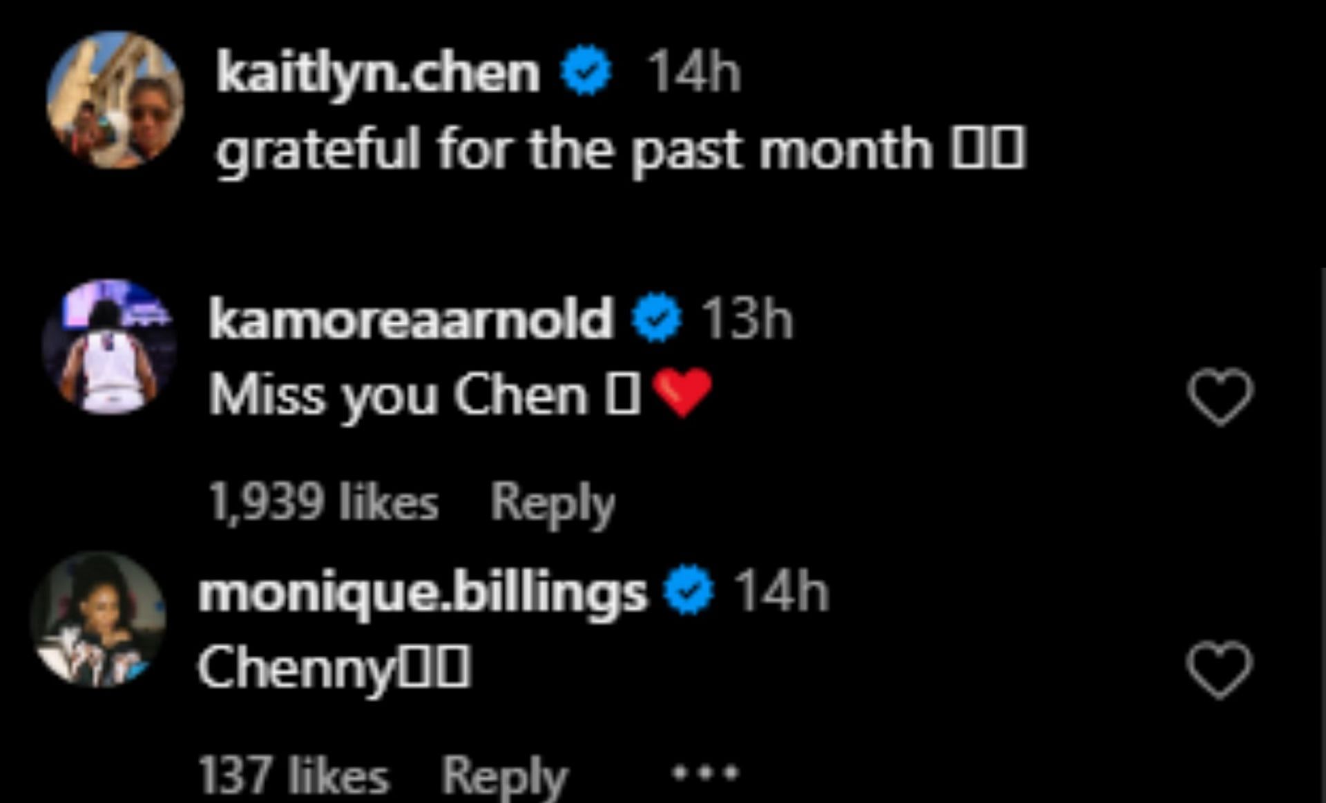 Kamorea Arnold and Monique Billings' IG comments (via @kaitlyn.chen/Instagram)